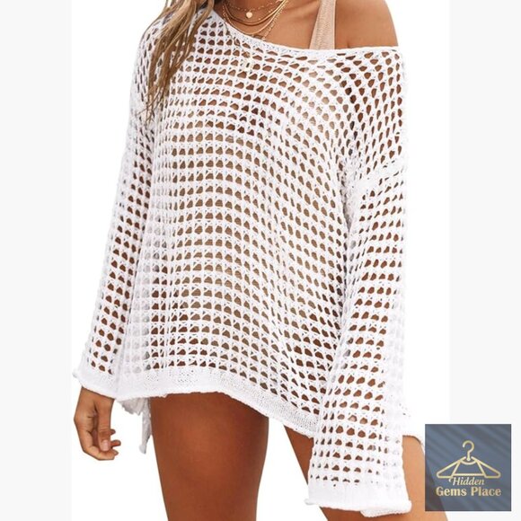 Long Sleeve Crochet Beach Coverup Polyester Loose Fit Sizes S M L